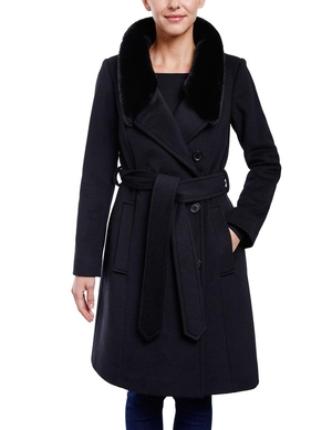 Vêtements D'extérieur Anne Klein Belted Wrap Laine Coat With Fur Collar   | QZD-7350196